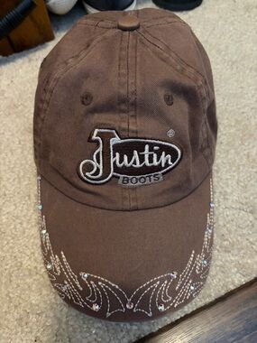 Justin Boots Brown Cap with White Embroidered Logo and Rhinestones